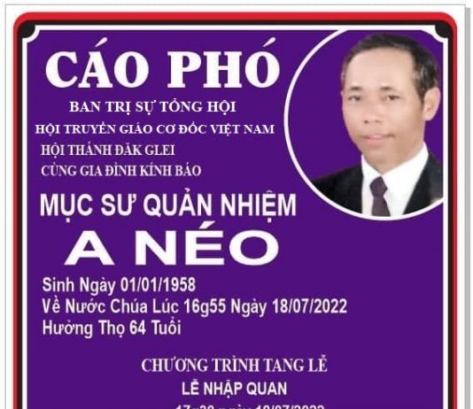 Thông Báo Lễ Tang Mục Sư A Néo